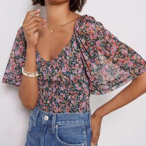 Evereve Anika Floral Drapey Smocked Blouse Black Pink Red Size M